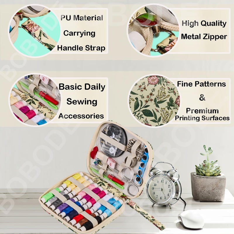 Bobode Arts Craft Printing Sewing Kit Floral Pattern Small Sewing Set,Professional Travel Sewing Kit with 18 Colors Sewing Thread, Basic Sewing Supplies Accessory for Emergency, Home Beginners - Image 3